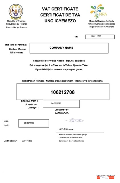 Rwanda VAT certificate Word and PDF template